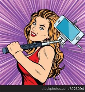 Selfie girl sports woman pop art retro vector. Blonde with a selfie stick. The mobile phone gadgets photography. Selfie girl sports woman