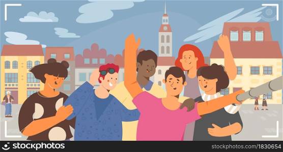 Selfie group flat composition with historical town landmark cityscape background and group of happy friends tourists vector illustration. Group Selfie Flat Composition