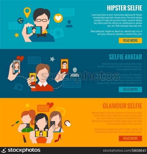 Selfie horizontal banner set with hipster glamour avatars elements isolated vector illustration. Selfie Banner Set