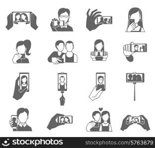Selfie icons black set with people taking photo on cellphone isolated vector illustration. Selfie Icons Set