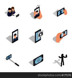 Selfie icons set. Isometric 3d illustration of 9 selfie vector icons for web. Selfie icons set, isometric 3d style