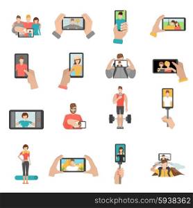Selfie Icons Set. Selfie icons set with travel sport and beauty photos flat isolated vector illustration