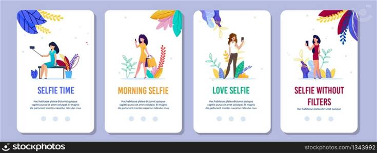 Selfie in Daily Life Design. Cartoon Woman Photographing in Different Situation in Morning, during Shopping or Rest in Park. Take Photos without Filters. Mobile Landing Pages Set. Vector Illustration. Mobile Pages Set with Selfie in Daily Life Design