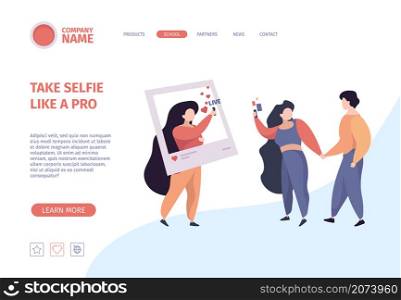 Selfie landing page. People make photo on smartphone characters holding telephone garish vector business website template. Illustration self video and photo stick, photograph social. Selfie landing page. People make photo on smartphone characters holding telephone garish vector business website template