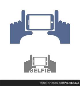 Selfie Logo. Sign emblem for a photo on phone. Hands and a Smartphone. Vector illustration&#xA;