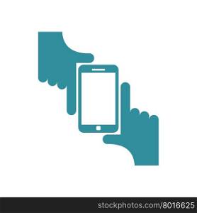 Selfie logo. Sign for fans to be photographed. Two hands hold Smartphone. Vector illustration&#xA;