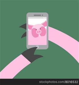 Selfie makes a pig. Farm animal photographs themselves. Vector illustration. Hoof push buttons of your Smartphone.&#xA;