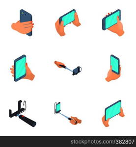 Selfie mobile phone icons set. Cartoon illustration of 9 selfie mobile phone vector icons for web. Selfie mobile phone icons set, cartoon style