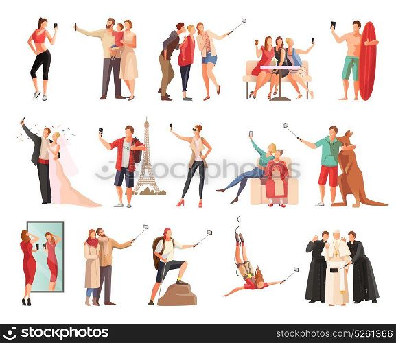 Selfie Modern Lifestyle Collection. Set of isolated selfie photo modern people flat characters taking photographs of themselves in different situations vector illustration