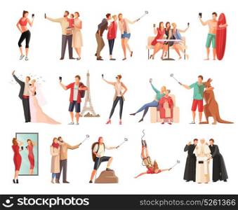 Selfie Modern Lifestyle Collection. Set of isolated selfie photo modern people flat characters taking photographs of themselves in different situations vector illustration