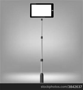 Selfie on smartphone using monopod. Selfie Stick on Grey Background.. Monopod Selfie