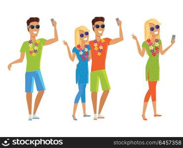 Selfie on Summer Vacation Illustration. Summer vacation selfie concept. Honeymoon in exotic countries vector illustration. Peoples with a necklace of flowers take pictures on journey. Flat style design. Isolated on white.