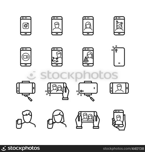 Selfie photo, people take photo with smartphone and monopod line vector icons. Self photo and selfie with smartphone illustration. Selfie photo, people take photo with smartphone and monopod line vector icons