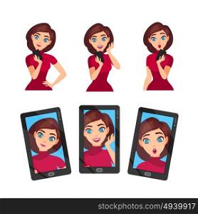 Selfie Photo Template. Selfie photo template with young girl different emotions poses and smartphone on white background isolated vector illustration