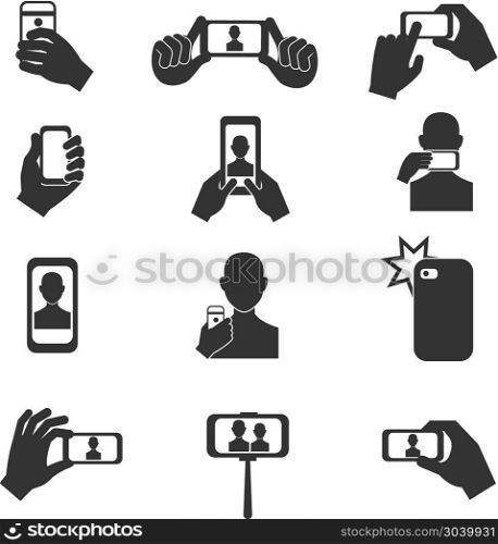 Selfie photo vector icons set. Selfie photo vector icons set. Photography with use smartphone and stick illustration