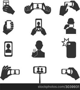 Selfie photo vector icons set. Selfie photo vector icons set. Photography with use smartphone and stick illustration