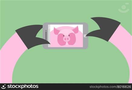 Selfie pig. Animal is photographed on phone. Smartphone in its paws. Vector illustration of a farm animal.&#xA;