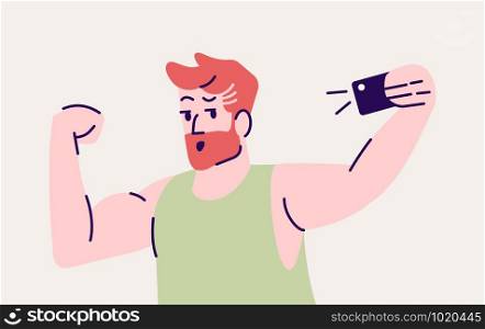Selfie pose flat vector illustration. Happy man take self photo and show muscles. Strong male makes portrait. Guy taking self picture in smartphone camera isolated cartoon character on grey background