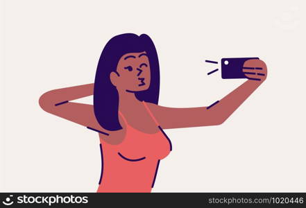 Selfie pose flat vector illustration. Happy woman taking self photo. Girl kissing and winking for portrait in smartphone camera. Mobile phone photography isolated cartoon character on grey background