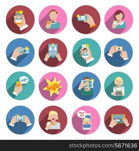Selfie self portrait smartphone camera picture taking flat icons set isolated vector illustration