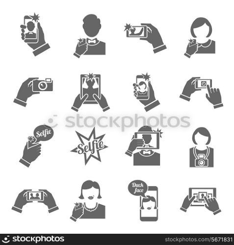 Selfie self portrait smartphone picture taking black icons set isolated vector illustration