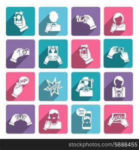 Selfie self portrait taking smartphone camera technology flat icons collection set isolated vector illustration