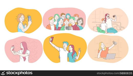 Selfie, smartphone, photograph vector illustration. Smiling people friends couple teens family making selfie on smartphone. Lifestyle, photo, shot, sharing, stories, online, mobile. Selfie, smartphone, photograph, camera vector illustration