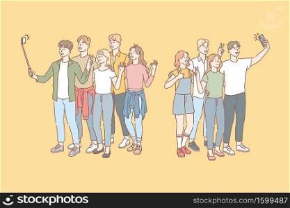 Selfie, social media, friendship, blogging concept. Group of young people students pupils teenagers friends men and women, boys and girls taking selfie for social media on mobile phones. Simple vector. Selfie, social media, friendship, blogging concept
