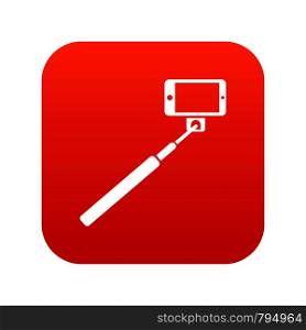 Selfie stick and smartphone icon digital red for any design isolated on white vector illustration. Selfie stick and smartphone icon digital red