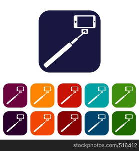 Selfie stick and smartphone icons set vector illustration in flat style in colors red, blue, green, and other. Selfie stick and smartphone icons set