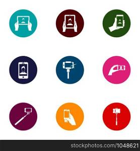 Selfie stick icons set. Flat set of 9 selfie stick vector icons for web isolated on white background. Selfie stick icons set, flat style