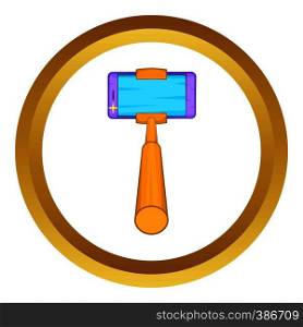 Selfie stick with a smartphone vector icon in golden circle, cartoon style isolated on white background. Selfie stick with a smartphone vector icon