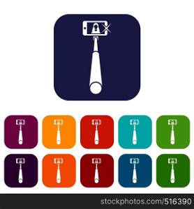 Selfie stick with mobile phone icons set vector illustration in flat style in colors red, blue, green, and other. Selfie stick with mobile phone icons set