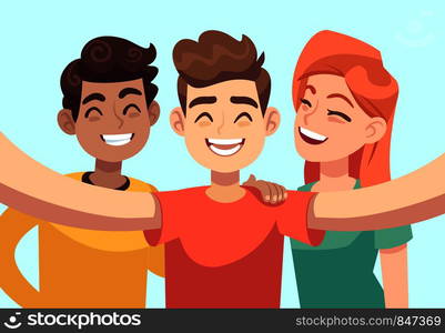 Selfie with friends. Friendly smiling teenagers taking group photo portrait. Happy people vector cartoon characters with fun laughing guy smile. Selfie with friends. Friendly smiling teenagers taking group photo portrait. Happy people vector cartoon characters