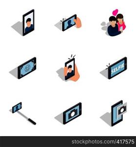 Selfie with mobile phone icons set. Isometric 3d illustration of 9 selfie with mobile phone vector icons for web. Selfie with mobile phone icons set