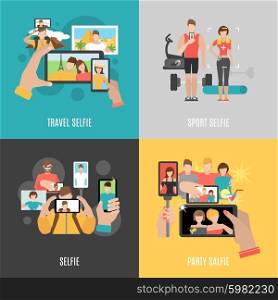 Selfies 4 flat icons square banner. Sport travel and party selfies with friends 4 flat icons square composition banner abstract isolated vector illustration
