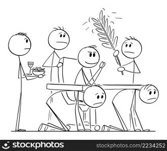 Selfish boss sitting in office surrounded by servants and slaves, vector cartoon stick figure or character illustration.. Selfish Boss and His Servants, Vector Cartoon Stick Figure Illustration