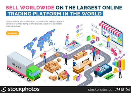 Sell worldwide on online trading platform in world vector, people working with production. Business process, road of client, truck with products orders. Produkt, sell and delivery. World marketplace. Sell Worldwide on Largest Online Trading Platform