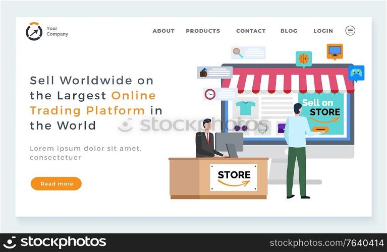 Sell worldwide with largest trading platform vector, people with online marketplace. Web with info of items and products, workers at job. Website or webpage template, landing page flat style. Sell Worldwide with Largest Trading Platform Web