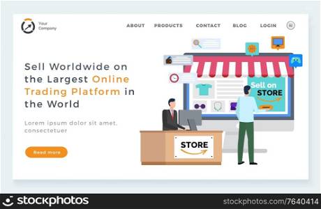 Sell worldwide with largest trading platform vector, people with online marketplace. Web with info of items and products, workers at job. Website or webpage template, landing page flat style. Sell Worldwide with Largest Trading Platform Web