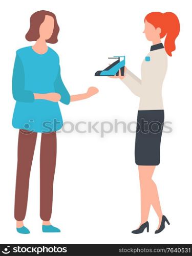 Seller advertising high heels to woman, female character choosing shoes. Sale old collection, person buying pair of footwear, shop accessory vector. Shop Accessory, Woman Buying High Heels Vector