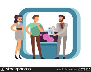Seller and buyer. Man advertises products, certificate for goods. High quality, trade expo stand and people vector concept. Product buyer and seller, business marketing illustration. Seller and buyer. Man advertises products, certificate for goods. High quality, trade expo stand and people vector concept