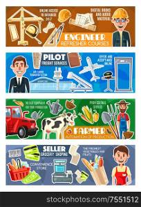 Seller and pilot, farmer and engineer architect professions. Vector supermarket shopping cart, farming agriculture and cattle, architecture construction and building tool, aviation and airport freight. Seller, pilot, construction engineer and farmer