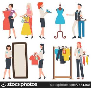 Seller and shopper, people choosing clothes and footwear. T-shirt and suit, tie on hanger, business promotion, sale old collection, buyer in store vector. People Buying Clothes, Shopper and Seller Vector