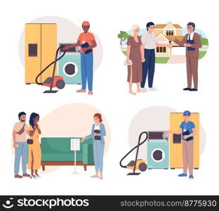 Seller consultant 2D vector isolated illustrations set. Buy property. Household store. Happy owners flat character on cartoon background. Colorful editable scene for mobile, website, presentation pack. Seller consultant 2D vector isolated illustrations set