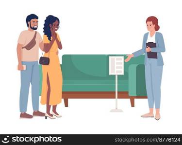 Seller consultant showing couch 2D vector isolated illustration. Young couple buying furniture flat characters on cartoon background. Colorful editable scene for mobile, website, presentation. Seller consultant showing couch 2D vector isolated illustration