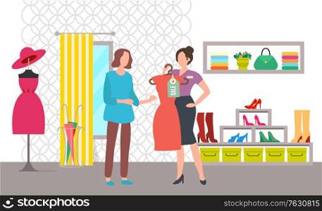 Seller holding dress, shopper female choosing clothes, people in clothing store. High heels and handbag on showcase, dressing room, shopping. Vector illustration in flat cartoon style. Clothing Store, Shopper and Seller, Sale Vector