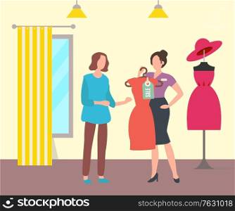 Seller holding hanger with dress and sale tag, woman shopping. Clothes and hat on dummy, dressing room, old collection, shopper and purchase. Vector illustration in flat cartoon style. Woman in Clothing store, Dress Sale, Shop Vector