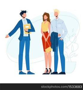 Seller Manager And Clients In Showroom Vector. Businessman Speaking With Young Couple Man And Woman In Showroom. Characters Choosing And Buying Shop Service Flat Cartoon Illustration. Seller Manager And Clients In Showroom Vector