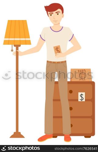 Seller or buyer standing near lamp and bedside table furniture retail. Sale of wooden nightstand and illuminator with dollar label, second selling. Garage sale, event for sale used goods. Flat cartoon. Second Selling of Goods, Furniture Sale Vector